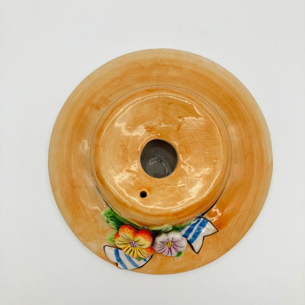 Giftco Ceramic Wall Pocket Planter Vintage 9in Tan Straw Hat Floral Ribbon